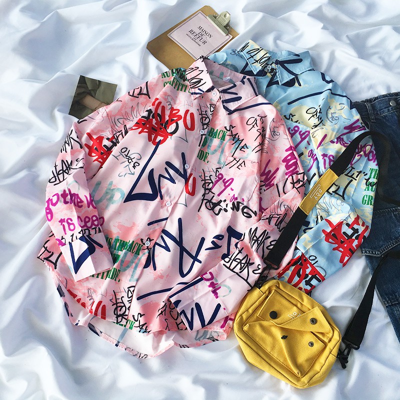 Áo sơ mi tay dài/tay ngắn in chữ phong cách graffiti thời trang Hàn Quốc và mũ thời trang (bán riêng) | BigBuy360 - bigbuy360.vn