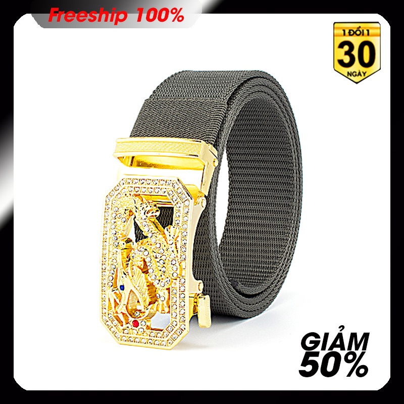 Thắt lưng nam chất liệu vải dù PE-Size 3.5 x115cm dày 0.25 cm - Khóa kim mạ hình rồng vàng đính ngọc - phong cách phượt