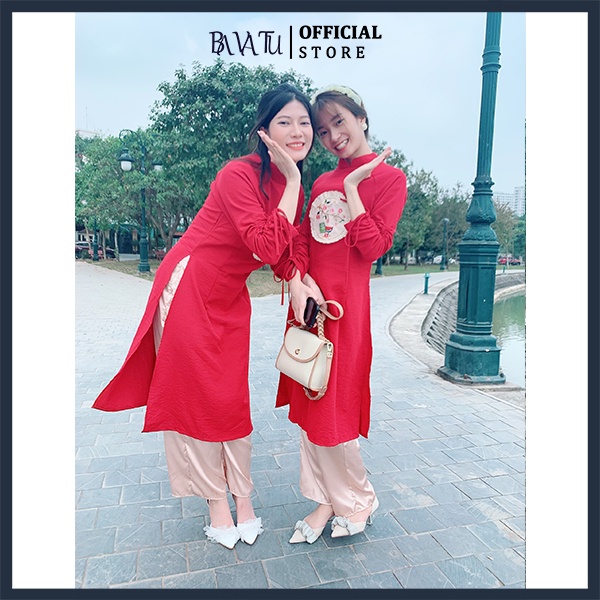 Áo dài cách tân, váy đôi mẹ bé chất đũi tằm mướt nhẹ, đầm màu đỏ diện tết chụp ảnh xuân rất tôn dáng - bavatu. | BigBuy360 - bigbuy360.vn