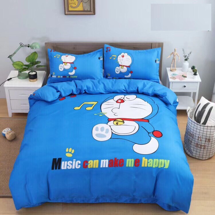 Bộ Chăn Ga Gối Cotton Hoạt Hình 3D Doremon Music