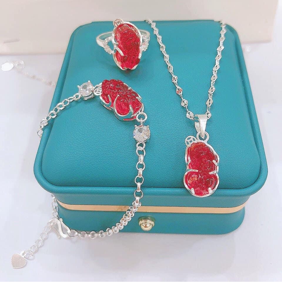 Bộ Trang sức tỳ hưu [Đủ Màu] Gồm Dây chuyền, Lắc tay, Nhẫn Chất liệu bạc ta cao cấp - Trang sức bạc Evasilver