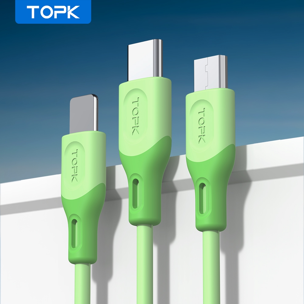 Cáp sạc TOPK AN84 bằng TPE silicone dẻo đầu Micro USB Type C Lightning 3 trong 1 tiện dụng | BigBuy360 - bigbuy360.vn