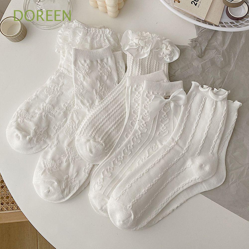 Vớ cotton màu trắng phối diềm đính nơ phong cách lolita vintage đáng yêu thời trang dành cho nữ