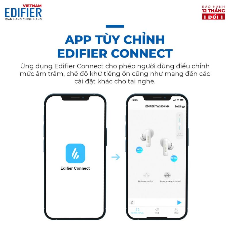 Tai nghe Bluetooth tws Edifier NB330 Chính hãng - Tính năng cao cấp, Chống ồn chủ động,Xuyên Âm,Game mode, App,Nghe hay