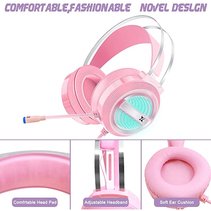 Nữ tai nghe Màu hồng cho bé gái Tai Nghe Chụp tai Chơi Game Có Mic chùm Dành Cho Điện Thoại Di Động có dây LED Gameming / Pc / Ps4/laptop Gaming Headphone Headset Headphones tai ngh