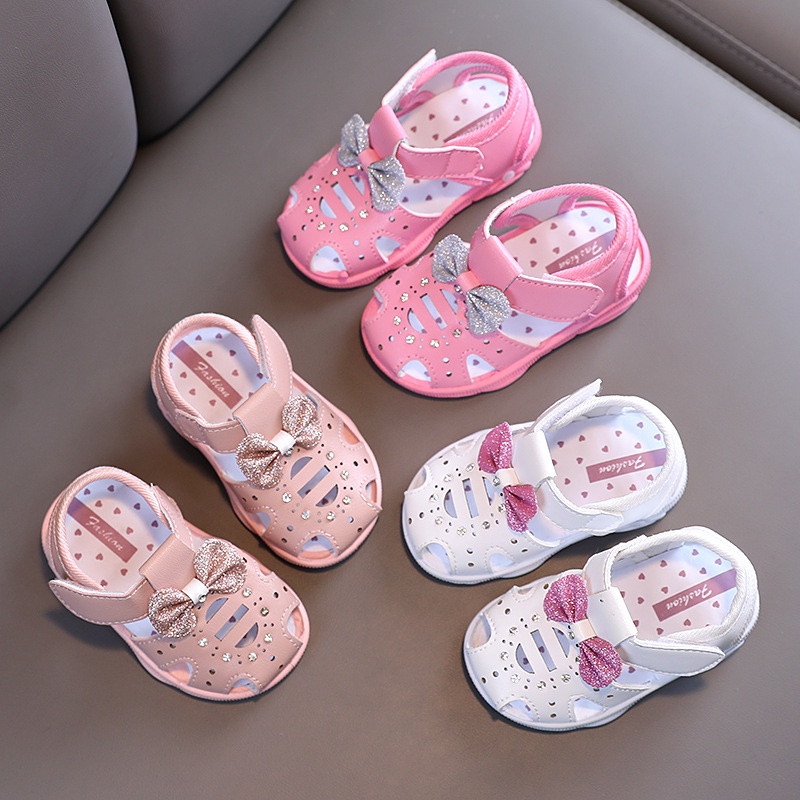Giày sandal đính nơ đế cao su mềm chống trượt đáng yêu cho bé gái 0-3 tuổi
