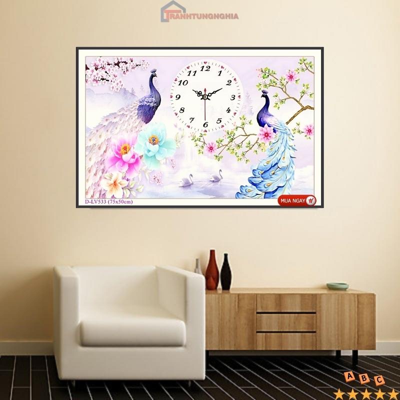 Tranh đính đá, tranh thêu chữ thập đồng hồ đôi công 75cm x 50cm