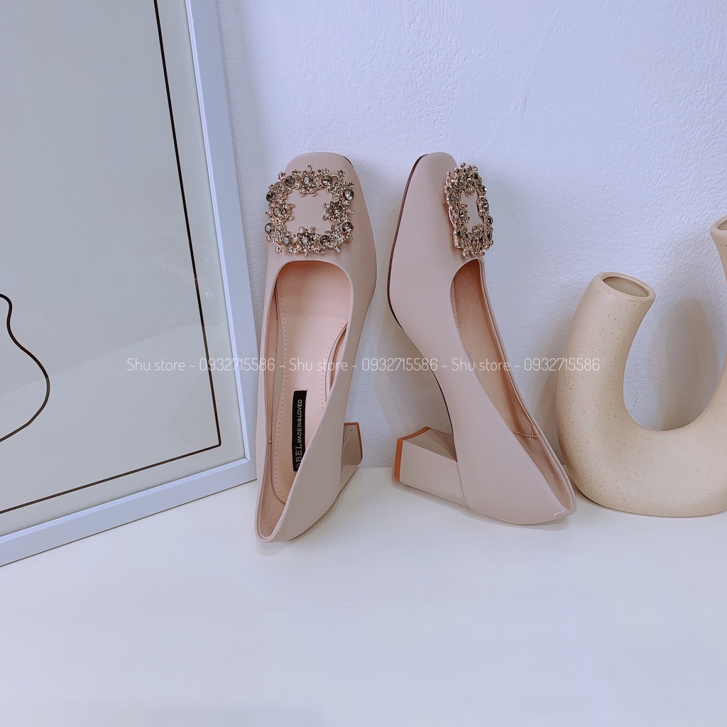Giày búp bê cao gót Shu store - Giày búp bê nữ công sở gót vuông khoá đá cao 6 cm