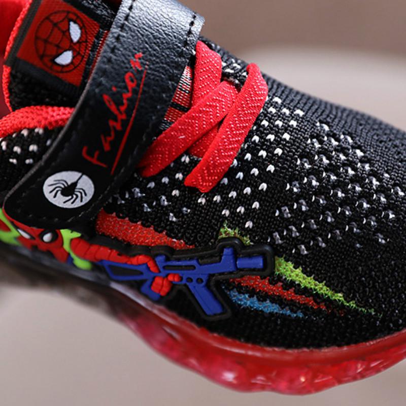 Giày thể thao phối lưới thoáng khí họa tiết người nhện có đèn led thời trang Hàn Quốc cho bé