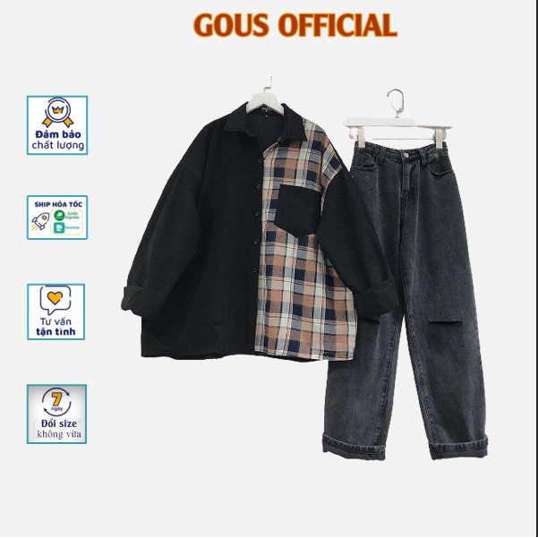 Áo Sơ Mi Nữ Form Rộng Phối Màu Kẻ Và Túi Hộp Thời Trang Chất Nhung Tăm Siêu Mềm SHELL Vintage   - 10015 Gous Official