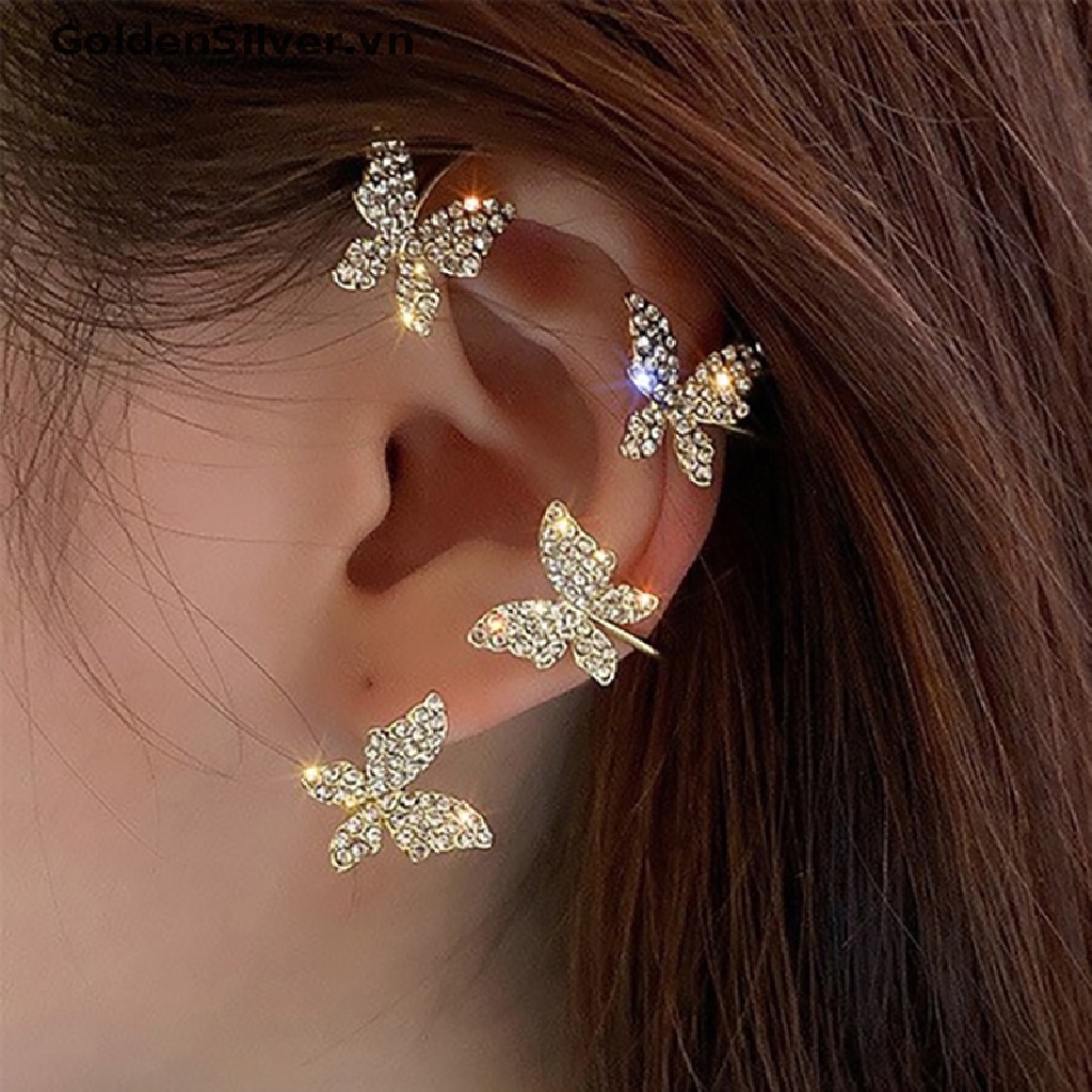 Bông Tai Dạng Kẹp Hình Bướm Màu Vàng Kim / Bạc Đính Đá Zircon