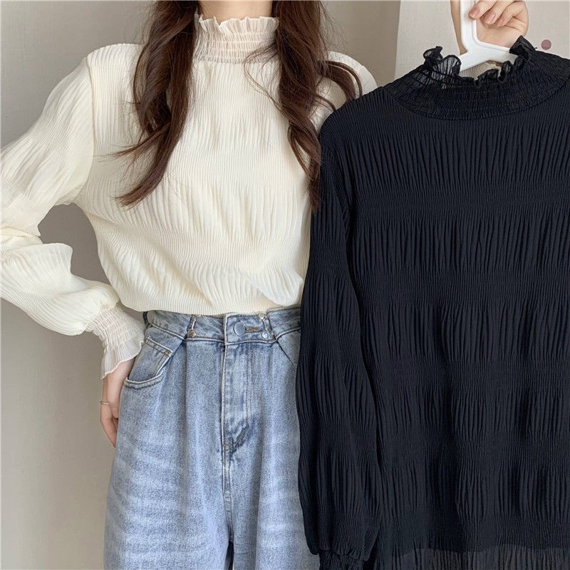 Mới Áo Sơ Mi Chiffon Cổ Cao Phối Ren Lưới Thời Trang