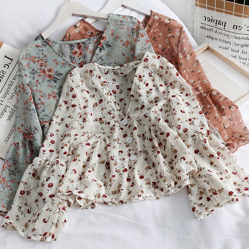 Áo Croptop Áo Kiểu Áo Cổ V Họa Tiết Hoa Dài Tay Chất Chiffon Dễ Thương Cho Nữ