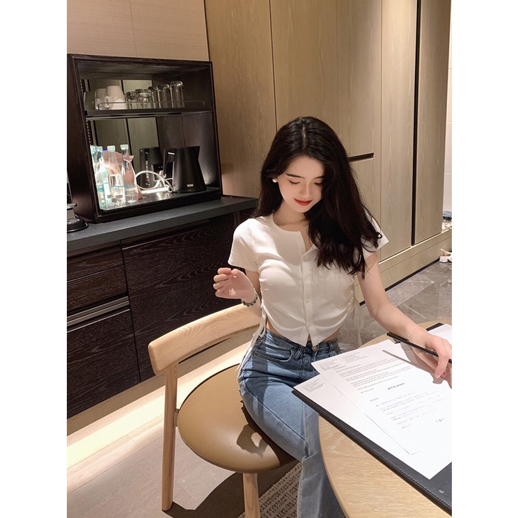 Áo croptop nữ rút dây eo áo thun tay ngắn cổ tròn Thuncastore A115