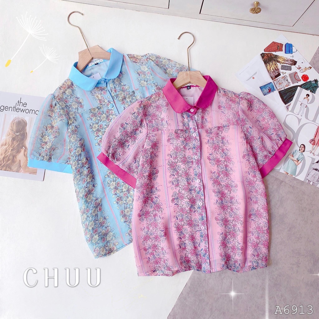 Áo sơ mi nữ họa tiết hoa lá tay ngắn CHUU A6913