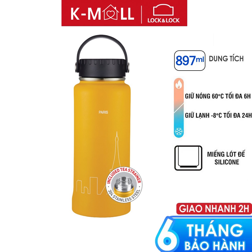 Bình giữ nhiệt LocknLock 897ml Riga Tumbler có khay lưới lọc trà inox và quai xách LHC4160YEL - K-MALL