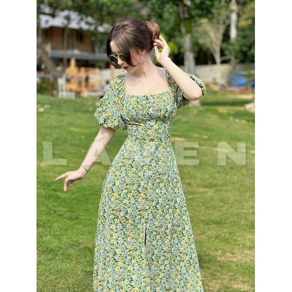 Đầm maxi nữ xẻ tà hoa nhí cổ vuông 💞FREESHIP 💞váy dài đi biển du lịch tay phồng kèm mút ngực