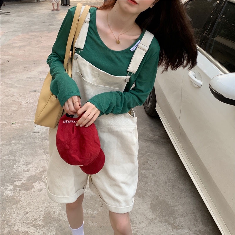 Quần yếm vải corduroy ống rộng lưng cao phong cách hoài cổ Hàn Quốc