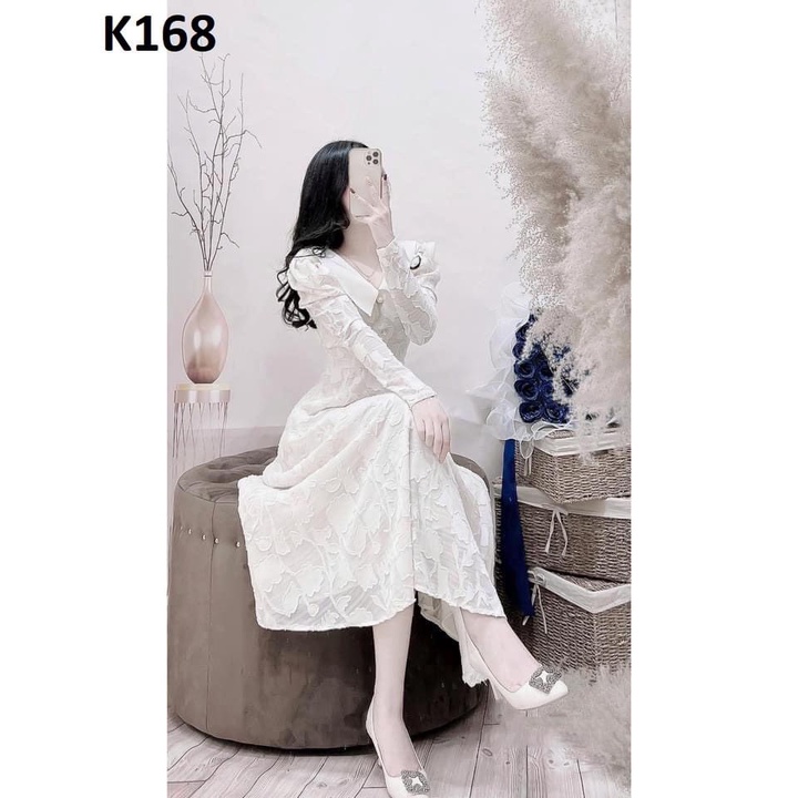 Váy trắng hoa nhí vintage cổ nơ body tay dài ulzzang chun eo , Đầm thiết kế dáng dài | BigBuy360 - bigbuy360.vn