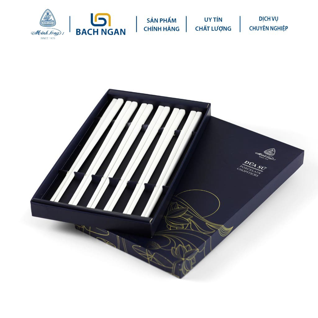 Hộp 6 đôi Đũa sứ dưỡng sinh Minh Long 24.4 cm Trắng ngà