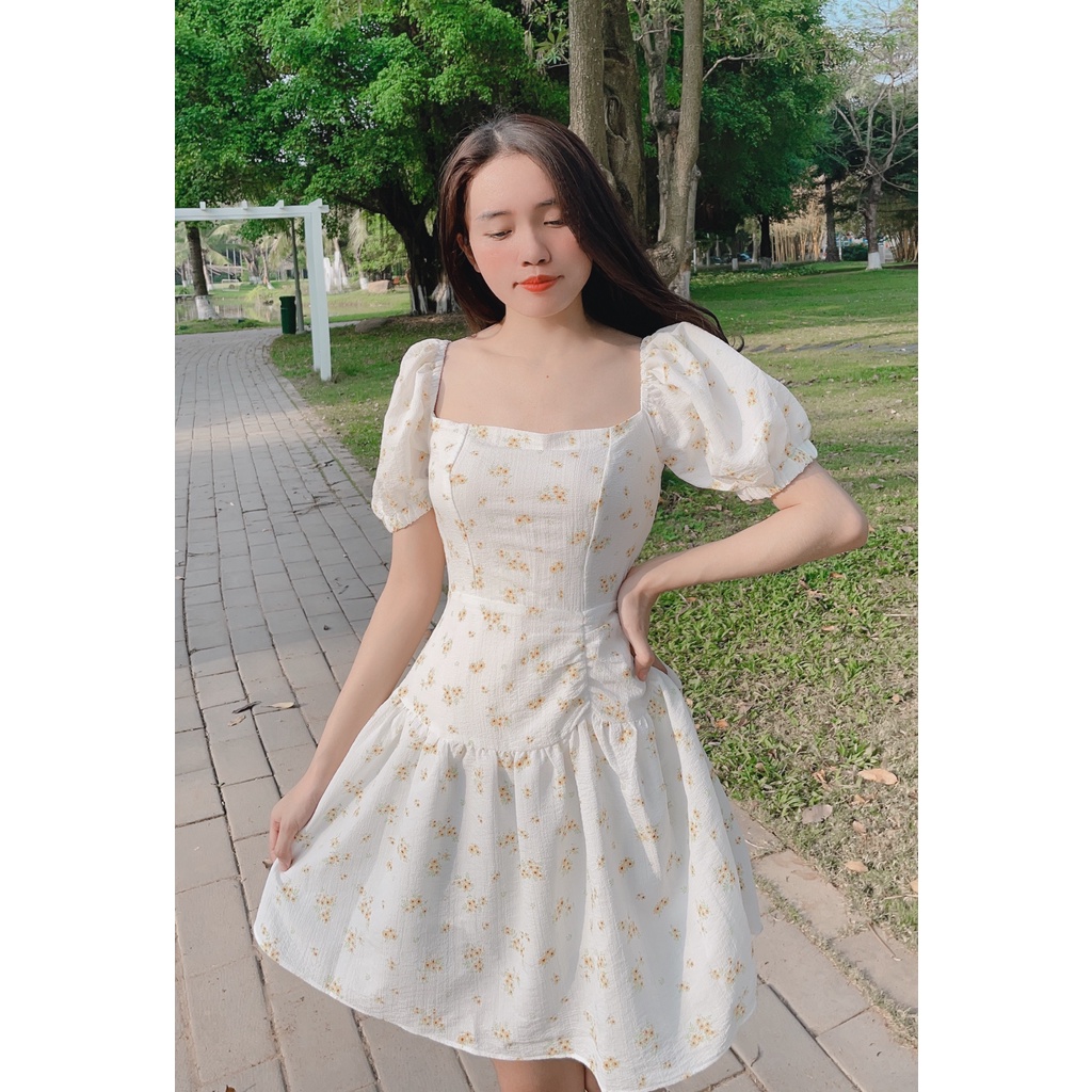 Váy Hoa Cổ Vuông Dáng Xòe Nhún Bèo HT27 HaLuu Store Đũi Xốp Phù Hợp Cho Nữ