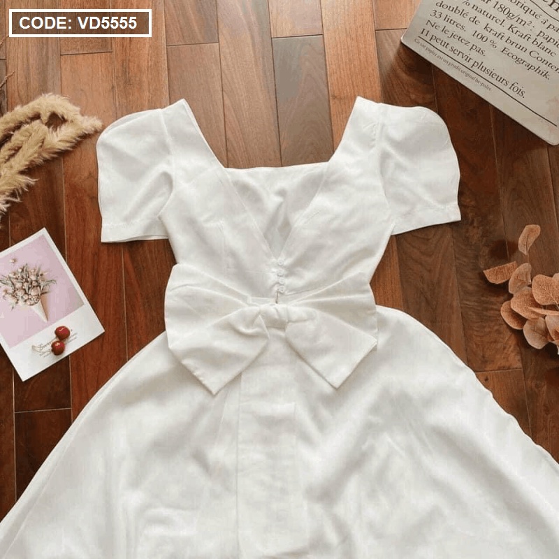 [HCM – hàng cao cấp] Mẫu đầm nữ đẹp maxi màu trắng cổ vuông nơ lưng tay bồng. | BigBuy360 - bigbuy360.vn