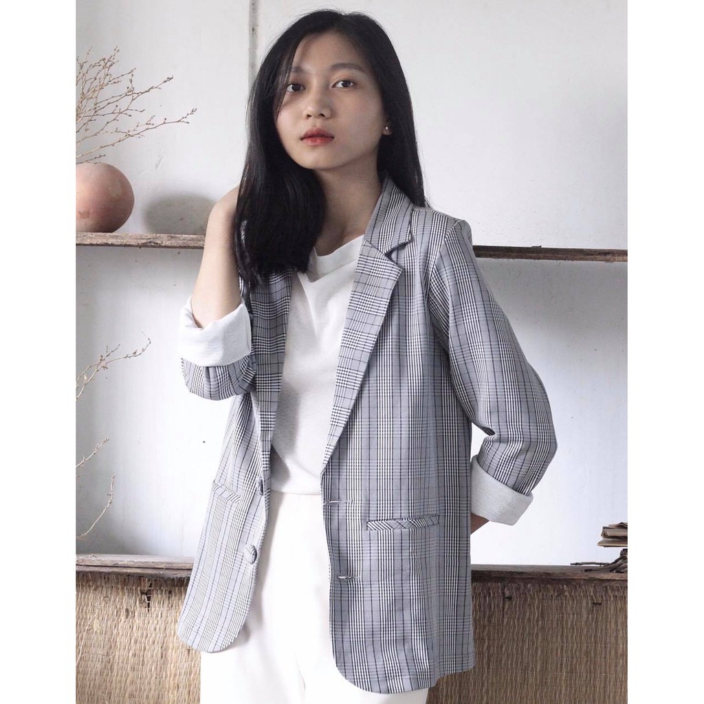 Áo vest blazer nữ KHÀN màu caro xám kẻ trắng áo khoác công sở tay dài 1 lớp phong cách Hàn Quốc