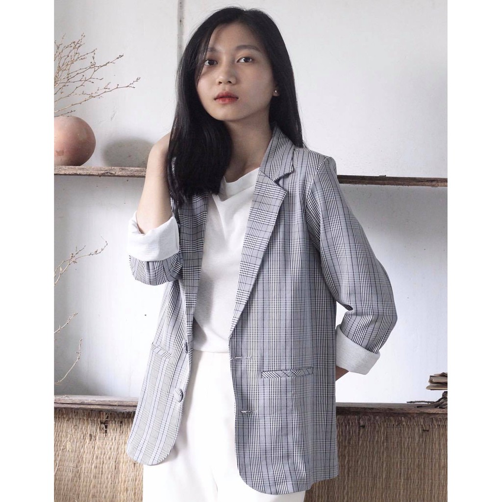 Áo vest blazer nữ KHÀN màu caro xám kẻ trắng áo khoác công sở tay dài 1 lớp phong cách Hàn Quốc | BigBuy360 - bigbuy360.vn