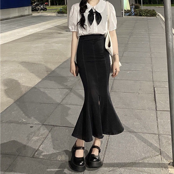 Chân váy jean Đuôi Cá Lưng Cao Xẻ Tà Phối Bèo Phong Cách Retro Thu Đông Size S-Xl 2 Kiểu Cho Nữ