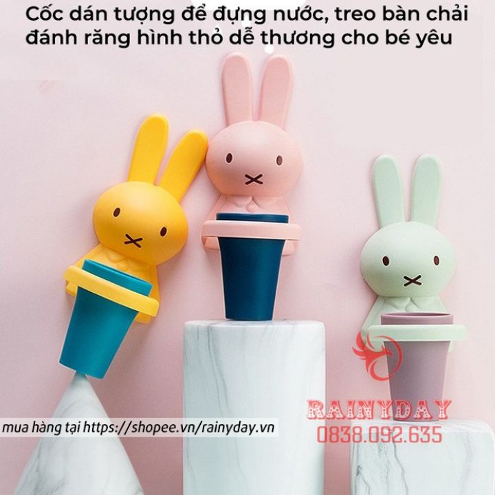 Cốc ly để đựng bàn chải đánh răng dán dính tường cho bé dễ thương cute kèm giá treo hình thỏ