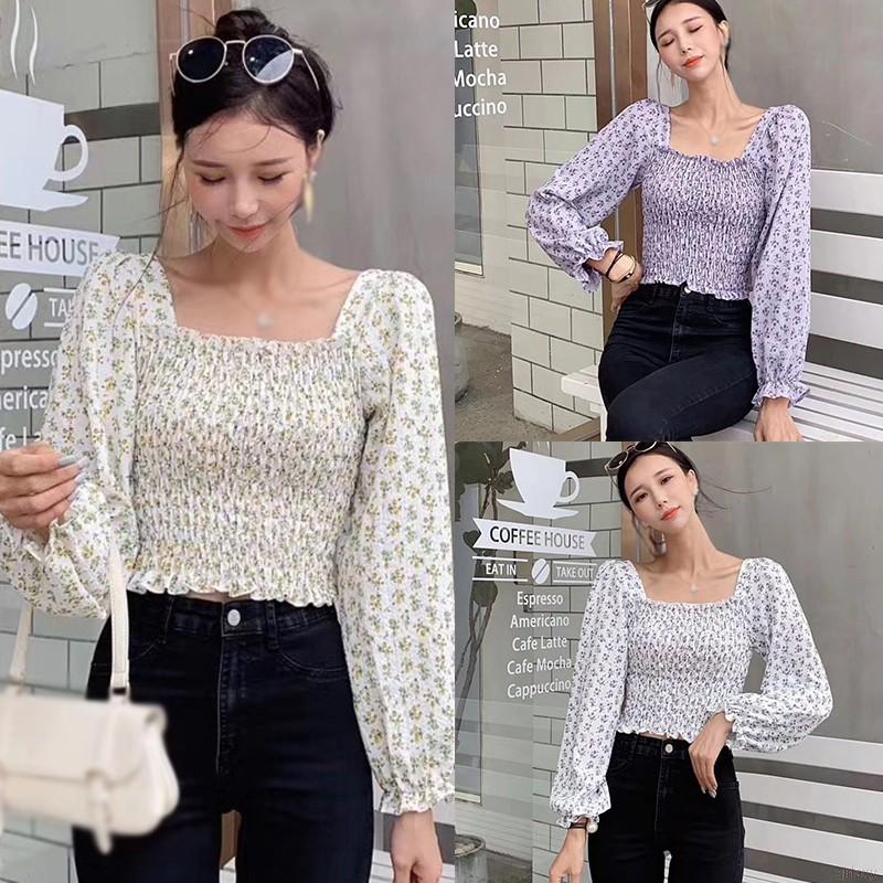 Áo Sơ Mi Tay Dài Cổ Vuông Họa Tiết Hoa Xinh Xắn Phong Cách Hàn Quốc