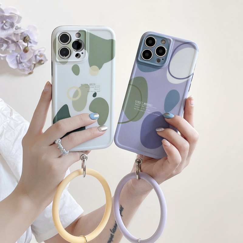 Ốp Điện Thoại Silicon Mềm Họa Tiết Hình Học Màu Matcha Kèm Dây Đeo Cho iPhone 14 13 12 11 Pro Max Plus