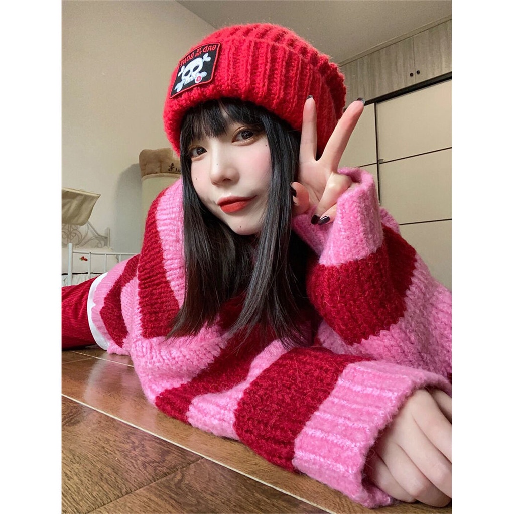 Áo Sweater Cổ Tròn Dáng Rộng Kẻ Sọc Đỏ Phong Cách Nhật Bản Trẻ Trung
