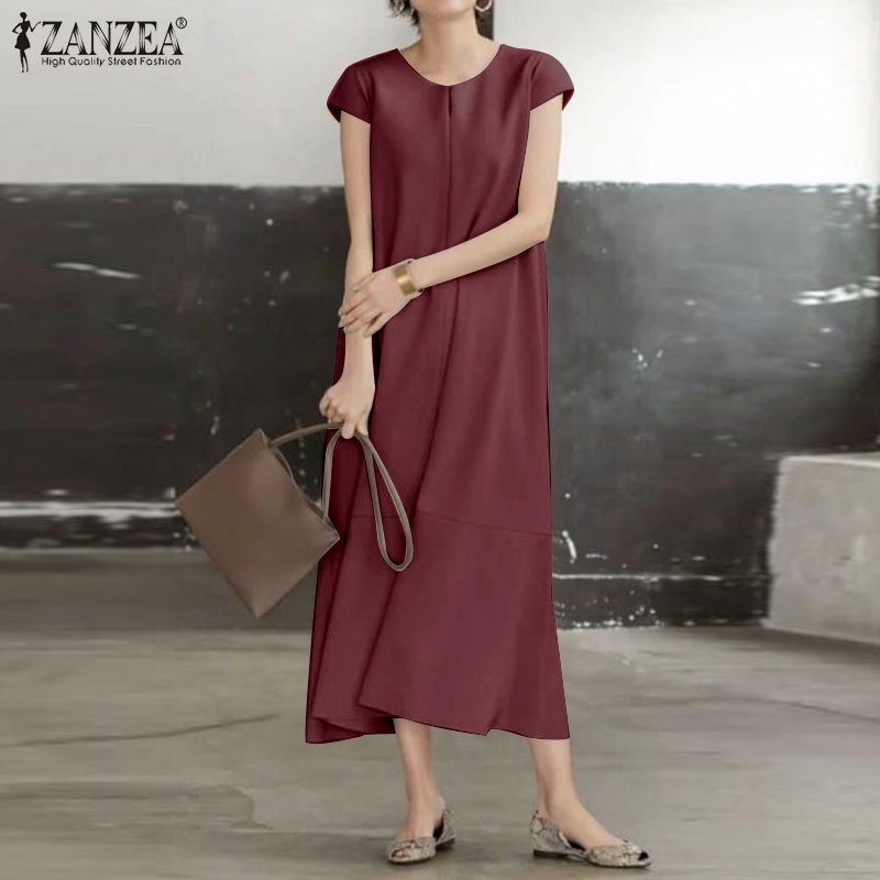 Đầm dài ZANZEA tay ngắn cổ chữ V dáng rộng thời trang cho nữ