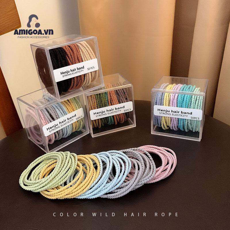 Bộ 50 Dây Thun Cao Su Buộc Tóc Màu Macaron Đơn Giản Cho Nữ