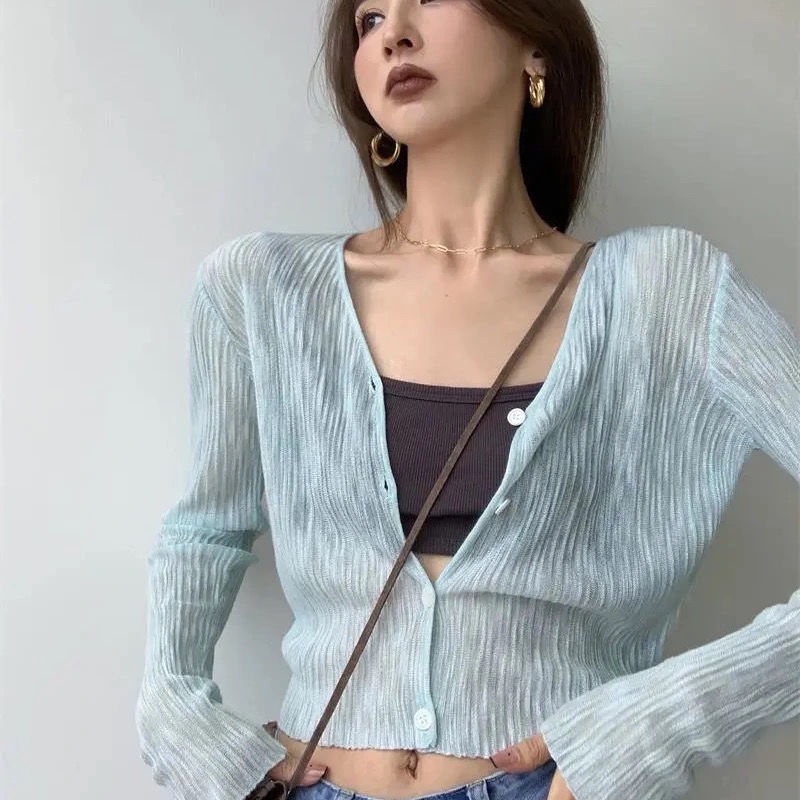 Áo Khoác cardigan Dệt Kim Mỏng Tay Dài Cổ Chữ v Chống Nắng Thời Trang Mùa Hè Cho Nữ
