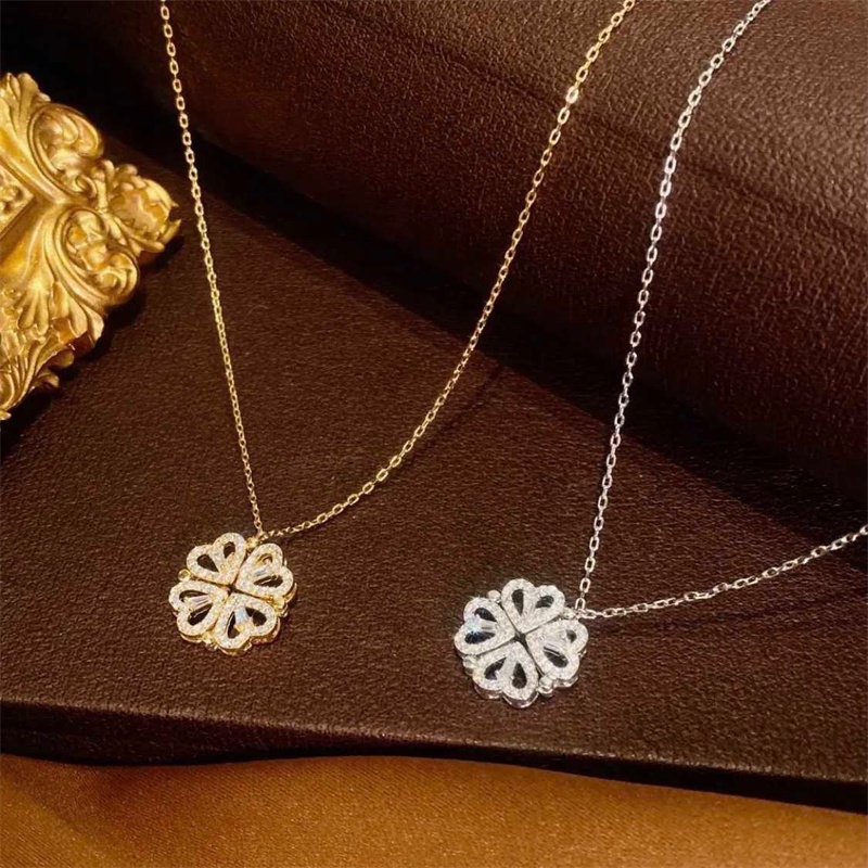 Women folding heart-shaped four-leaf clover Pendant Necklace/Girls cubic zirconia Simple Chain Necklaces /Ladies Fashion Design jewellery Gifts