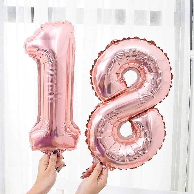Bong bóng lá nhôm hình số 0-9 màu vàng hồng 16 inch