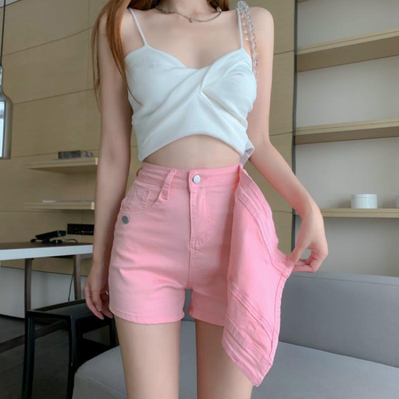 Jiashucheng Quần Short Jean Lưng Cao Dáng Ôm Không Đồng Đều Màu Hồng Phong Cách Mới Mùa Hè Cho Nữ