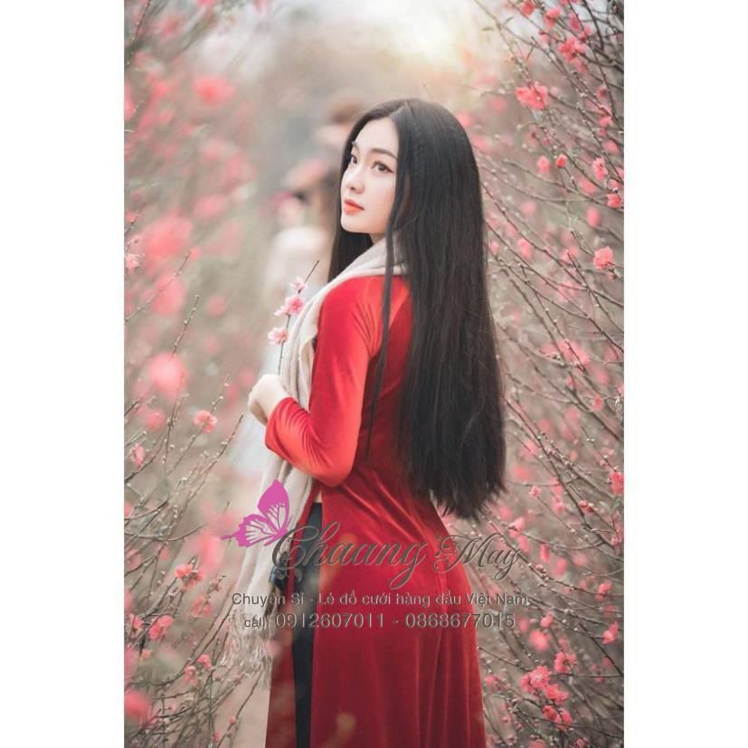 Áo dài nhung cổ tròn_Chaang_May sẵn áo dài đẹp truyền thống, vải đỏ đô tươi cao cấp