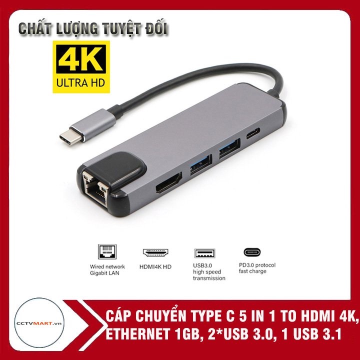 Cáp chuyển Type C 5in1 to HDMI 4K ETHERNET 1GB, 2*USB 3.0, 1 USB 3.1, USB type C