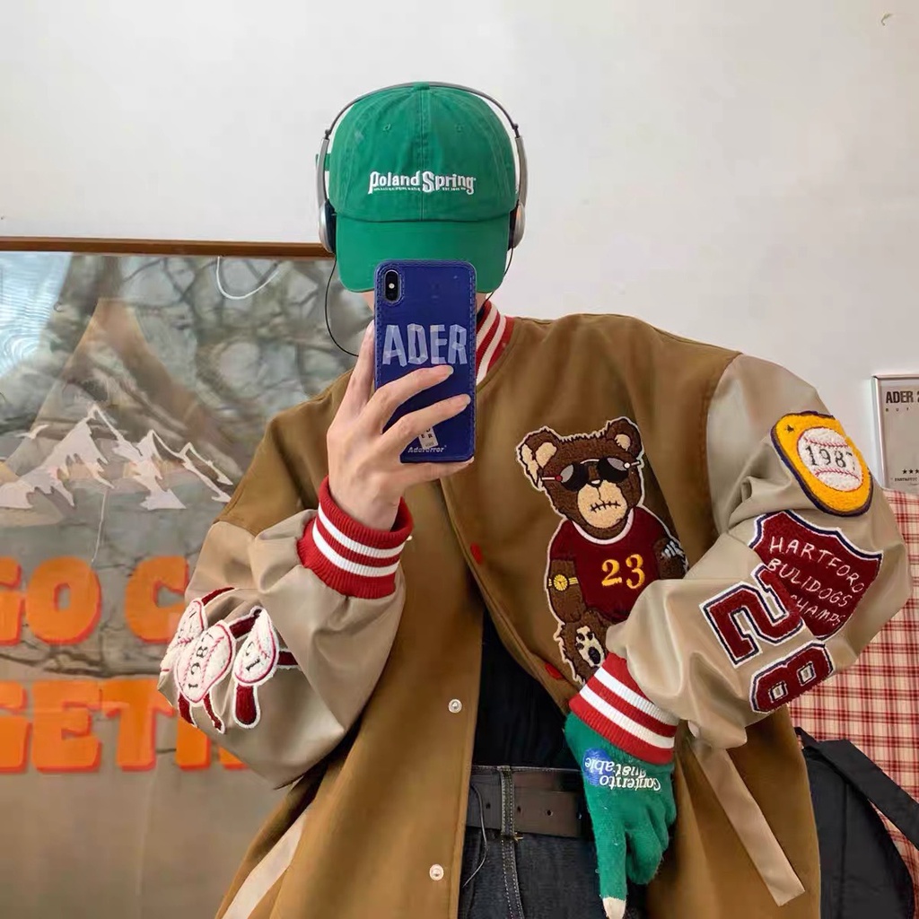 (Hàng có sẵn)Áo bomber varsity vải dạ tay da họa tiết thêu gấu,Áo khoác varcity nam nữ DT133
