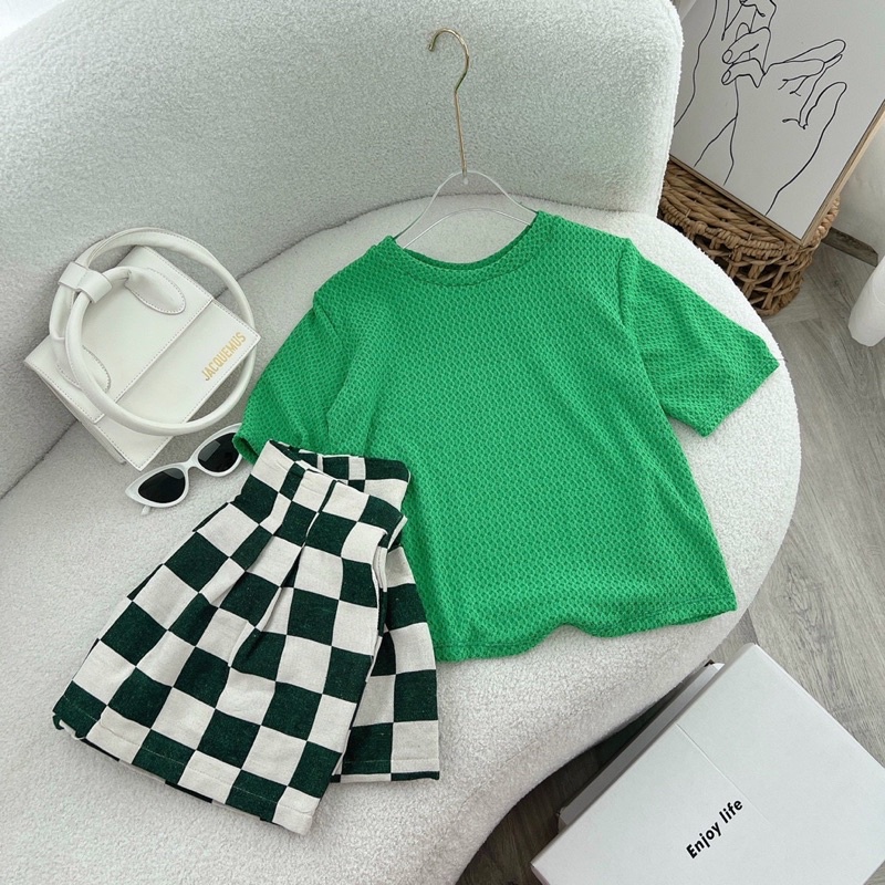 SET PULL XANH + SHORT KẺ Ô