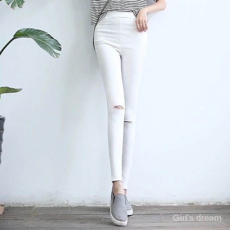 Quần Legging Cotton Lưng Cao Co Giãn Tốt Phối Rách Thời Trang Thu Đông Cho Nữ 48h G & D 2021
