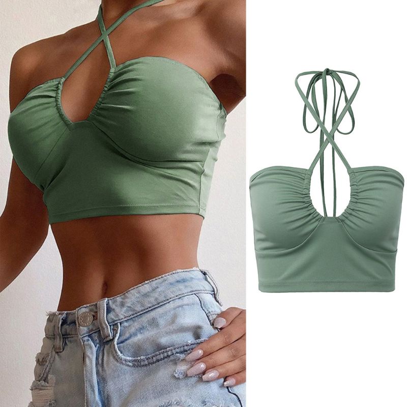 Xiangbao Áo Ống Không Tay Hở Vai Màu Trơn Có Dây Buộc Dành Cho Nữ