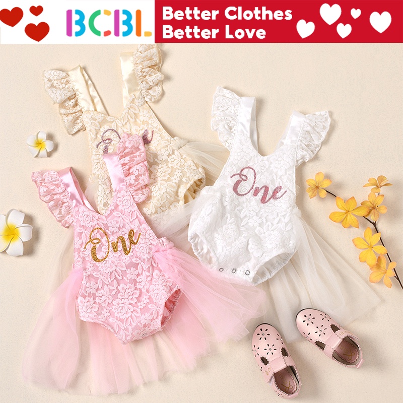 BCBL Đầm vải lưới liền thân in chữ One/ Two cho bé gái từ 1 đến 24 tháng tuổi