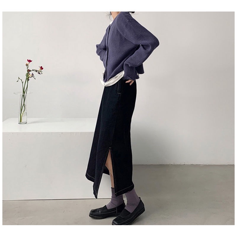 Châváy jean dáng chữ A dài lưng cao xẻ tà dành cho nữ