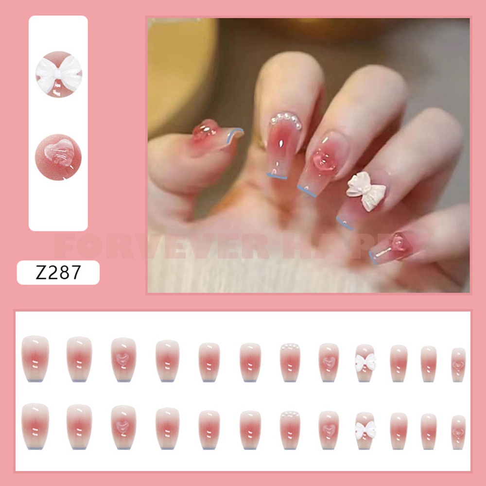 Móng Tay Giả Dạng Thanh Dài Che Phủ Toàn Diện Móng Tay Màu Hồng Phấn Phong Cách Ngọt Ngào DIY