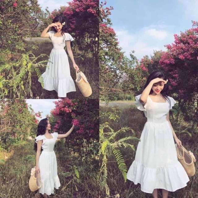 Đầm maxi tay loe trắng