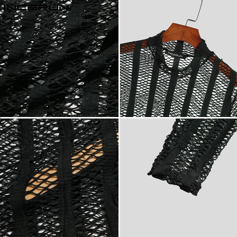 Áo INCERUN dài tay phối lưới xuyên thấu thời trang cho nam